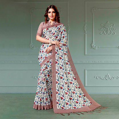 Snow White And Umber Brown Floral Pattern Digital Printed Linen Textured Saree With Tassels