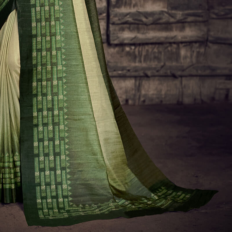 Beige And Green Kantha Pattern Digital Printed Art Tussar Silk Saree With Tassels