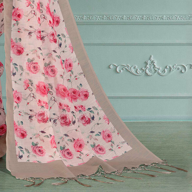 Tan Beige And Pink Floral Pattern Digital Printed Linen Textured Saree With Tassels - Fabcurate