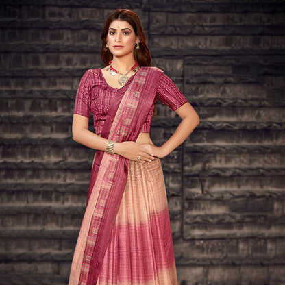 Beige And Rouge Pink Kantha Pattern Digital Printed Art Tussar Silk Saree With Tassels