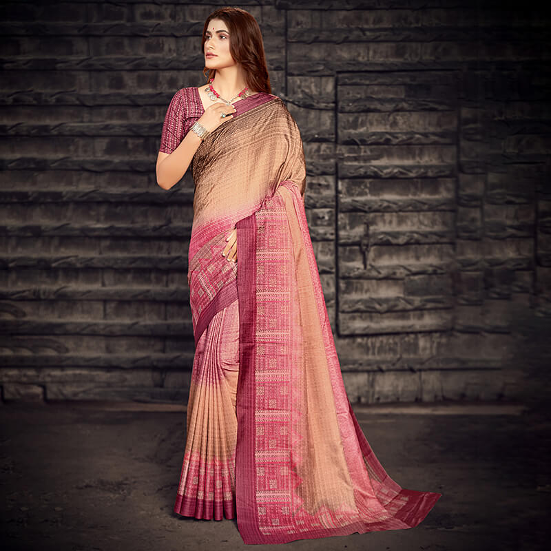 Beige And Rouge Pink Kantha Pattern Digital Printed Art Tussar Silk Saree With Tassels