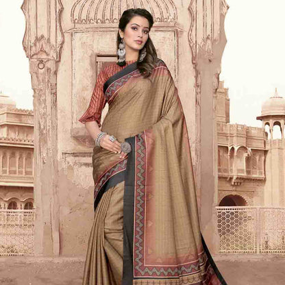 Olive Green And Black Kantha Pattern Digital Printed Art Tussar Silk Saree With Tassels