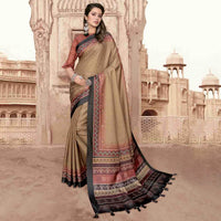 Olive Green And Black Kantha Pattern Digital Printed Art Tussar Silk Saree With Tassels