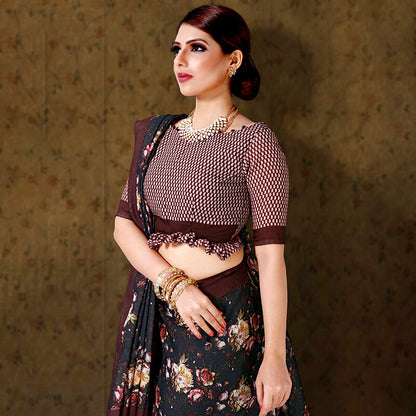 Black And Maroon Floral Pattern Digital Printed Linen Textured Saree With Tassels