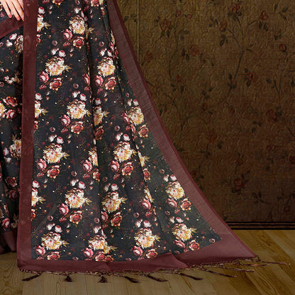 Black And Maroon Floral Pattern Digital Printed Linen Textured Saree With Tassels