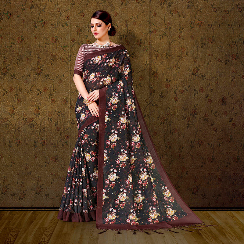 Black And Maroon Floral Pattern Digital Printed Linen Textured Saree With Tassels