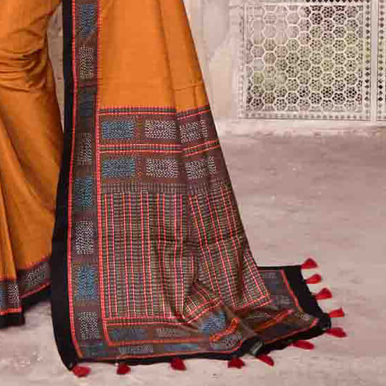 Ochre Yellow And Black Kantha Pattern Digital Printed Art Tussar Silk Saree With Tassels