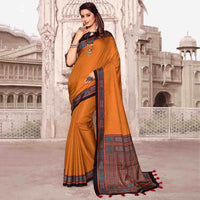 Ochre Yellow And Black Kantha Pattern Digital Printed Art Tussar Silk Saree With Tassels