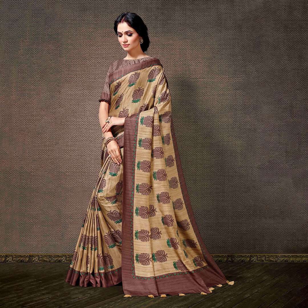 Beige And Brunette Brown Floral Pattern Digital Printed Art Tussar Silk Saree With Tassels