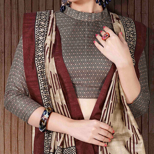 Brown And Black Ethnic Pattern Digital Printed Art Tussar Silk Saree With Tassels