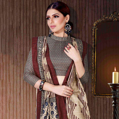 Brown And Black Ethnic Pattern Digital Printed Art Tussar Silk Saree With Tassels