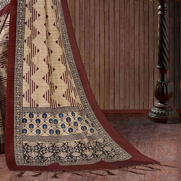 Brown And Black Ethnic Pattern Digital Printed Art Tussar Silk Saree With Tassels
