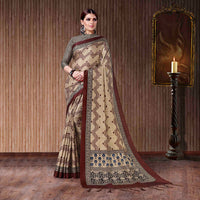 Brown And Black Ethnic Pattern Digital Printed Art Tussar Silk Saree With Tassels