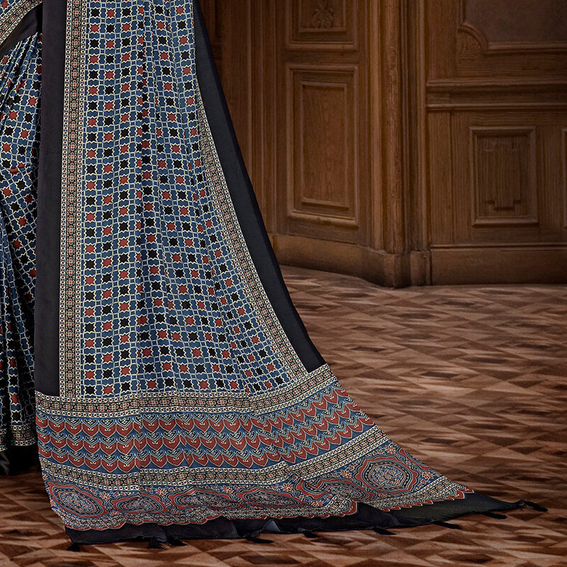 Indigo Blue And Brick Red Ajrakh Pattern Digital Printed Art Tussar Silk Saree With Tassels - Fabcurate