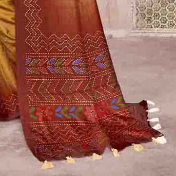 Dirty Gold Yellow And Maroon Kantha Pattern Digital Printed Art Tussar Silk Saree With Tassels
