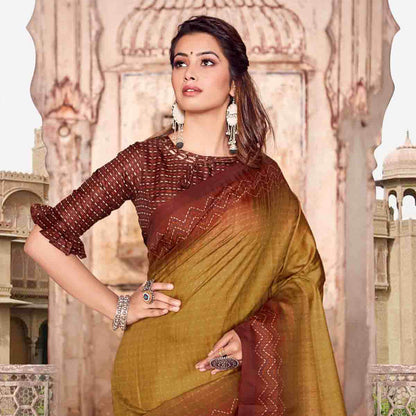Dirty Gold Yellow And Maroon Kantha Pattern Digital Printed Art Tussar Silk Saree With Tassels