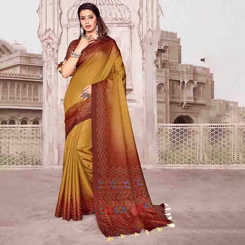 Dirty Gold Yellow And Maroon Kantha Pattern Digital Printed Art Tussar Silk Saree With Tassels