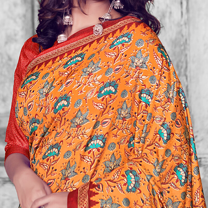 Orange And Red Floral Pattern Digital Printed Art Tussar Silk Saree With Tassels