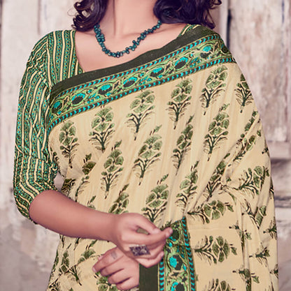 Cream And Green Floral Pattern Digital Printed Art Tussar Silk Saree With Tassels