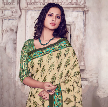 Cream And Green Floral Pattern Digital Printed Art Tussar Silk Saree With Tassels