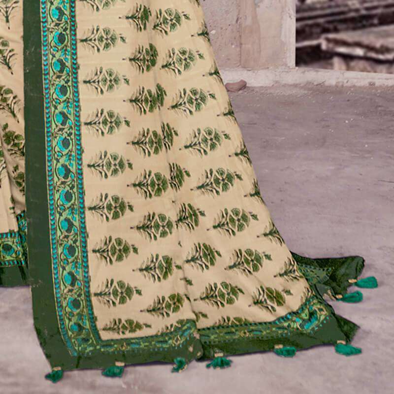 Cream And Green Floral Pattern Digital Printed Art Tussar Silk Saree With Tassels
