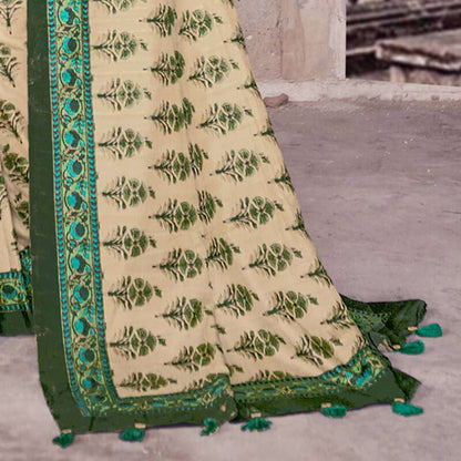 Cream And Green Floral Pattern Digital Printed Art Tussar Silk Saree With Tassels