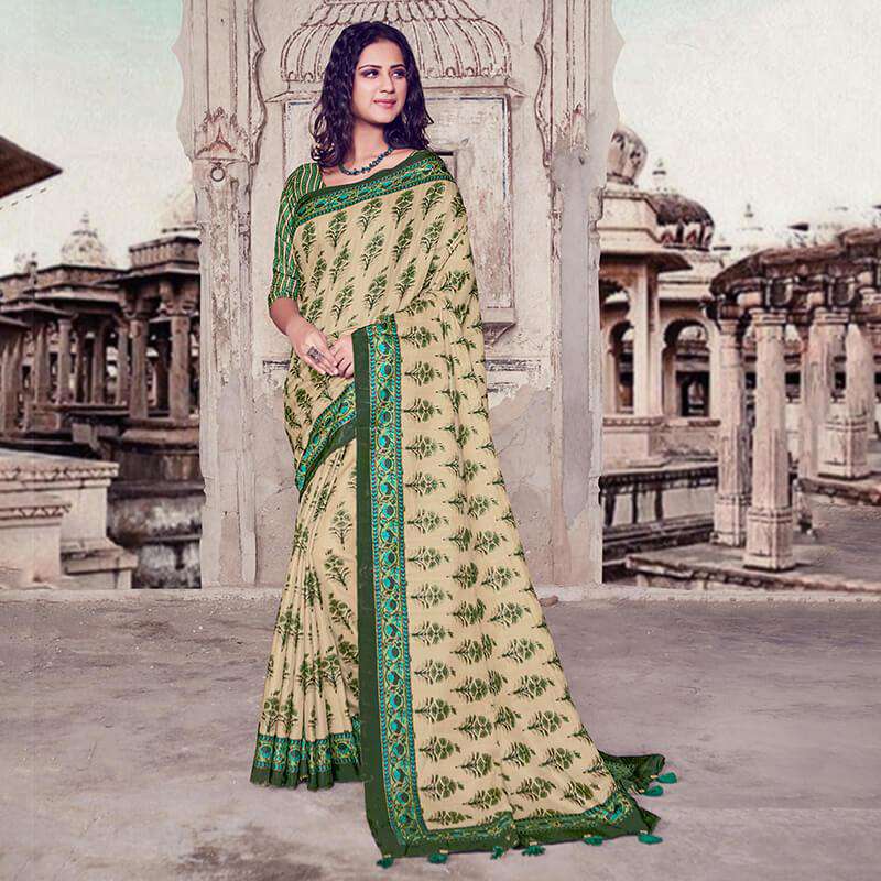 Cream And Green Floral Pattern Digital Printed Art Tussar Silk Saree With Tassels