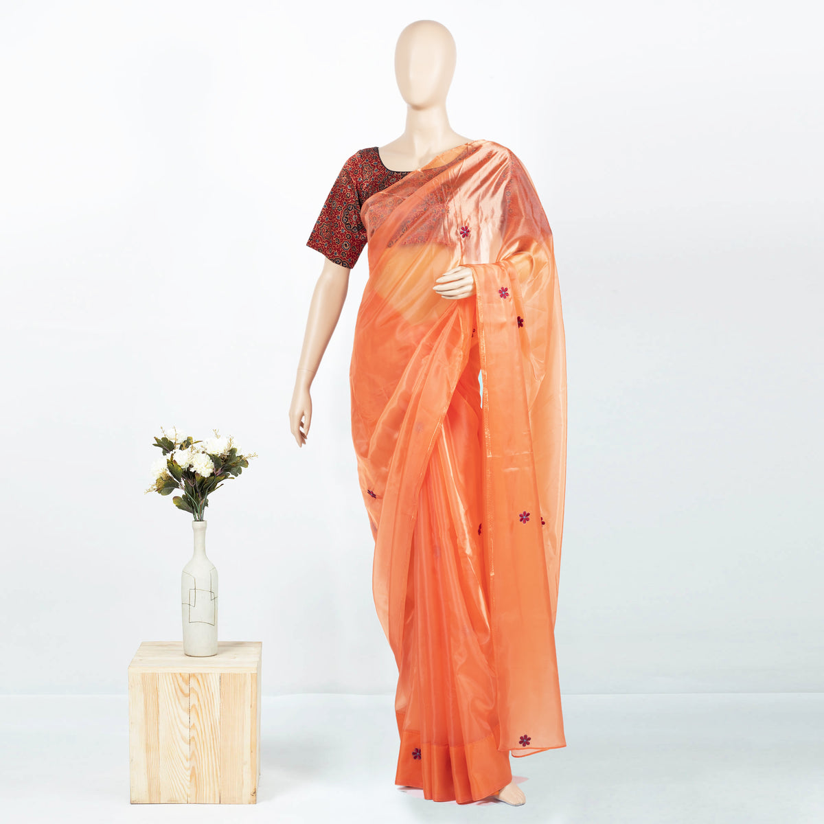 Salmon Orange Floral Pattern Embroidery Premium Liquid Organza Saree