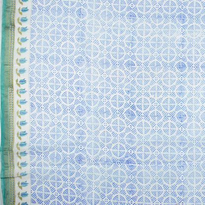 White And Royal Blue Geometric Pattern Handblock Zari Bordered With Heavy Pallu Pure Chanderi Saree With Blouse - Fabcurate