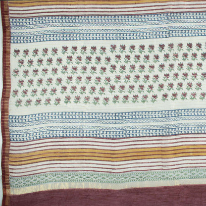 Pearl White And Maroon Floral Pattern Handblock Zari Bordered With Heavy Pallu Pure Chanderi Saree With Blouse - Fabcurate