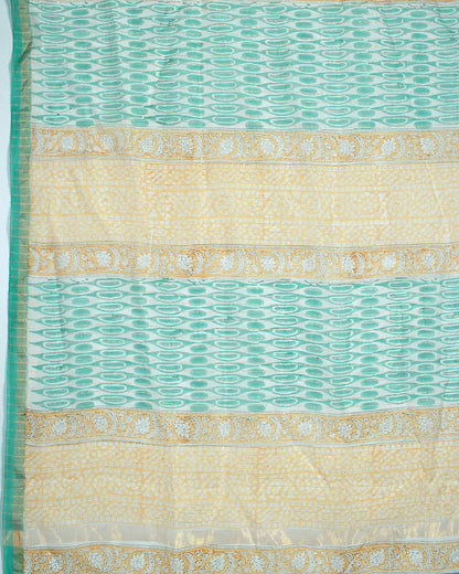 White And Mellow Yellow Paisley Pattern Handblock Zari Bordered With Heavy Pallu Pure Chanderi Saree With Blouse - Fabcurate