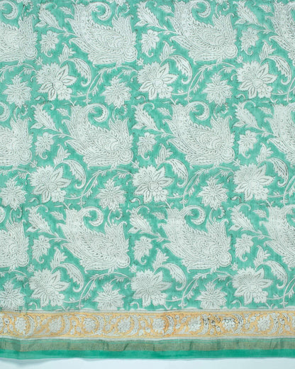 White And Mellow Yellow Paisley Pattern Handblock Zari Bordered With Heavy Pallu Pure Chanderi Saree With Blouse - Fabcurate