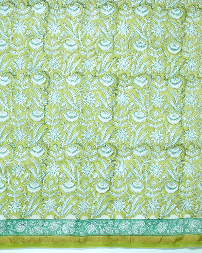 White And Pear Green Floral Pattern Handblock Zari Bordered With Heavy Pallu Pure Chanderi Saree With Blouse - Fabcurate