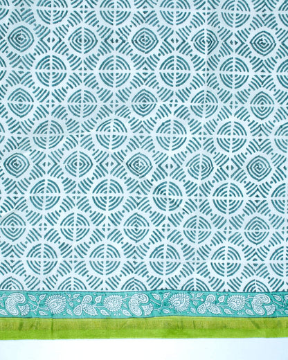 White And Pear Green Floral Pattern Handblock Zari Bordered With Heavy Pallu Pure Chanderi Saree With Blouse - Fabcurate