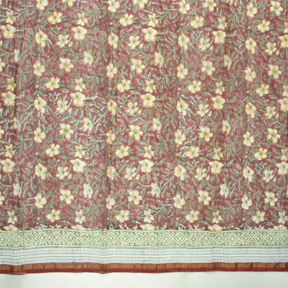 Maroon And White Floral Pattern Handblock Zari Bordered With Heavy Pallu Pure Chanderi Saree