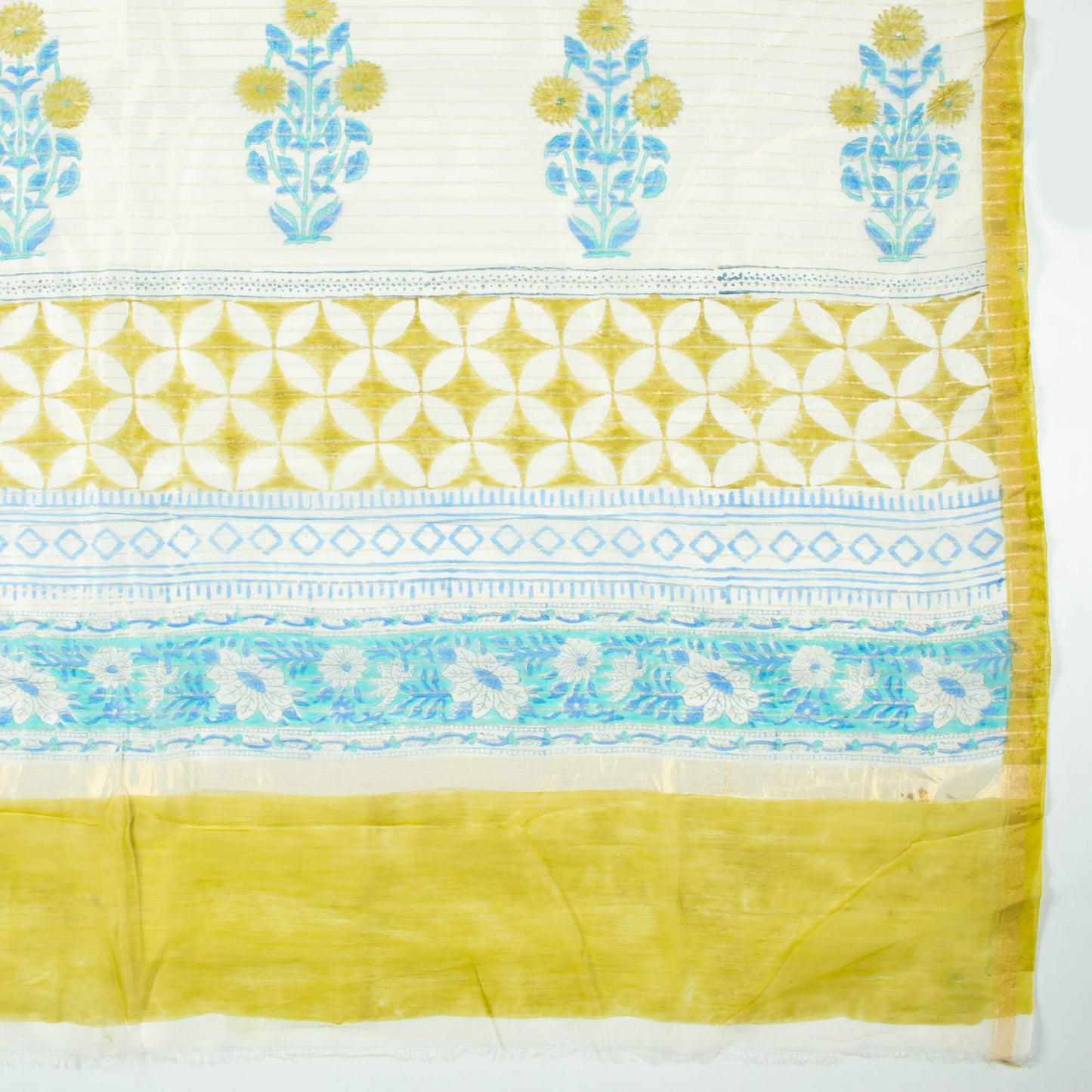 Daisy White And Cobalt Blue Floral Pattern Handblock Zari Bordered With Heavy Pallu Pure Chanderi Saree