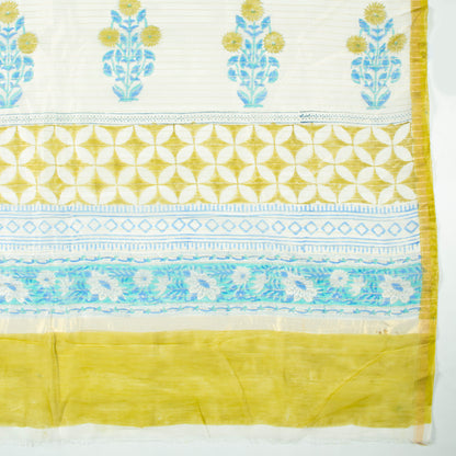 Daisy White And Cobalt Blue Floral Pattern Handblock Zari Bordered With Heavy Pallu Pure Chanderi Saree