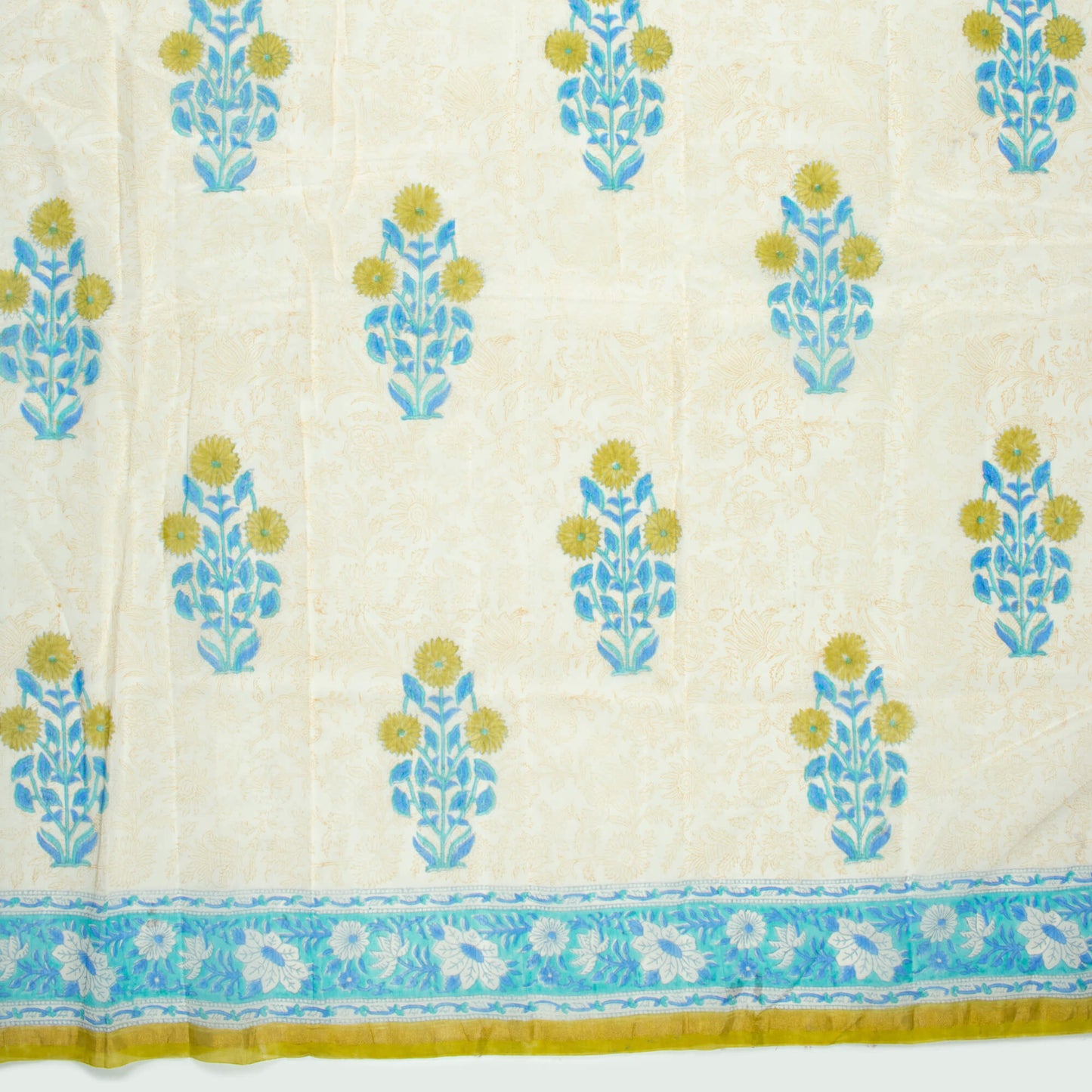 Daisy White And Cobalt Blue Floral Pattern Handblock Zari Bordered With Heavy Pallu Pure Chanderi Saree