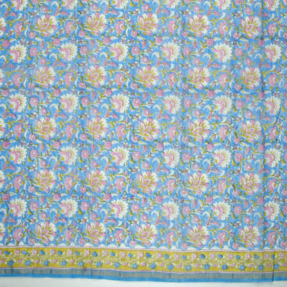 Sapphire Blue And Iris Purple Floral Pattern Handblock Zari Bordered With Heavy Pallu Pure Chanderi Saree