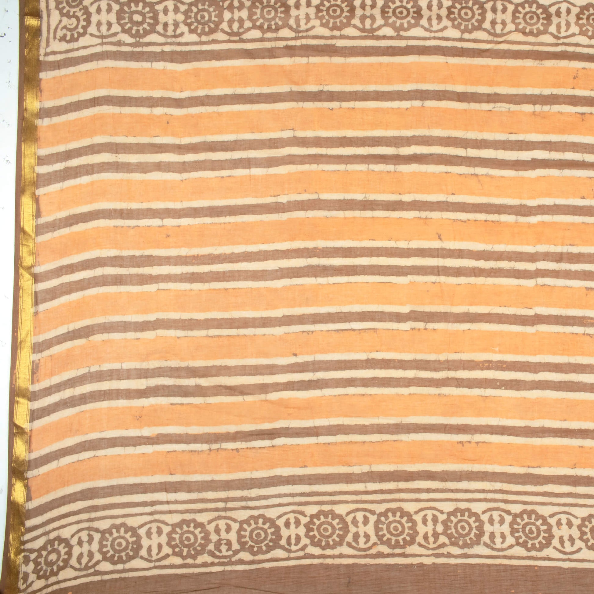Beige And Orange Abstract Pattern Kashish Handblock Zari Bordered Cotton Mulmul Saree With Blouse - Fabcurate