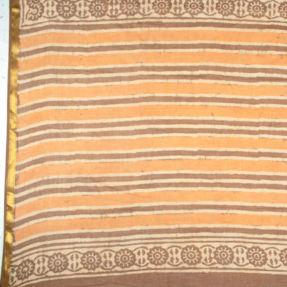Beige And Orange Abstract Pattern Kashish Handblock Zari Bordered Cotton Mulmul Saree With Blouse - Fabcurate