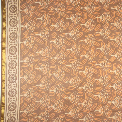 Beige And Orange Abstract Pattern Kashish Handblock Zari Bordered Cotton Mulmul Saree With Blouse - Fabcurate