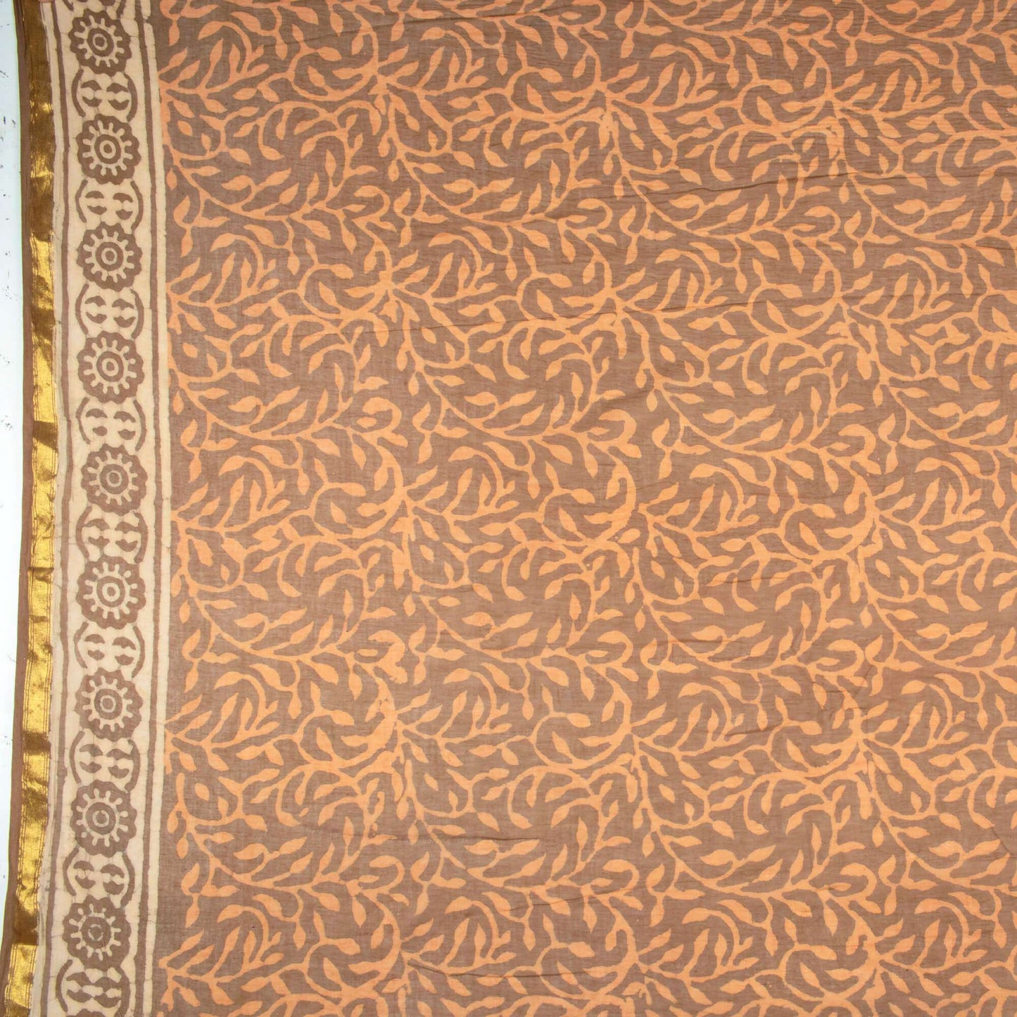Beige And Orange Abstract Pattern Kashish Handblock Zari Bordered Cotton Mulmul Saree With Blouse - Fabcurate