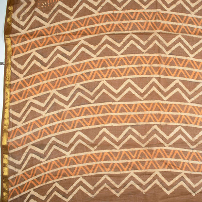 Beige And Orange Tree Pattern Kashish Handblock Zari Bordered Cotton Mulmul Saree With Blouse - Fabcurate