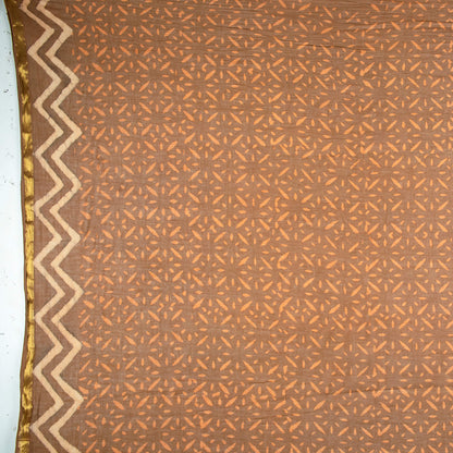 Beige And Orange Tree Pattern Kashish Handblock Zari Bordered Cotton Mulmul Saree With Blouse - Fabcurate