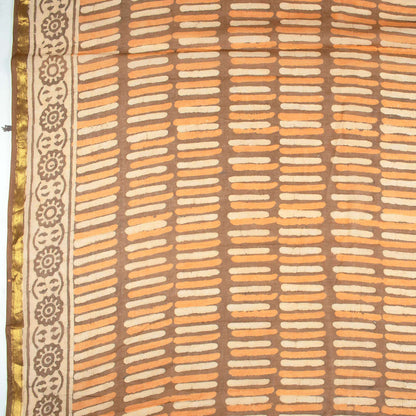 Beige And Orange Stripes Pattern Kashish Handblock Zari Bordered Cotton Mulmul Saree With Blouse - Fabcurate