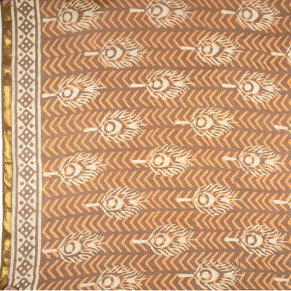 Beige And Orange Peacock Feather Pattern Kashish Handblock Zari Bordered Cotton Mulmul Saree With Blouse - Fabcurate