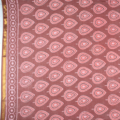 Maroon And Beige Leaf Pattern Kashish Handblock Zari Bordered Cotton Mulmul Saree With Blouse - Fabcurate