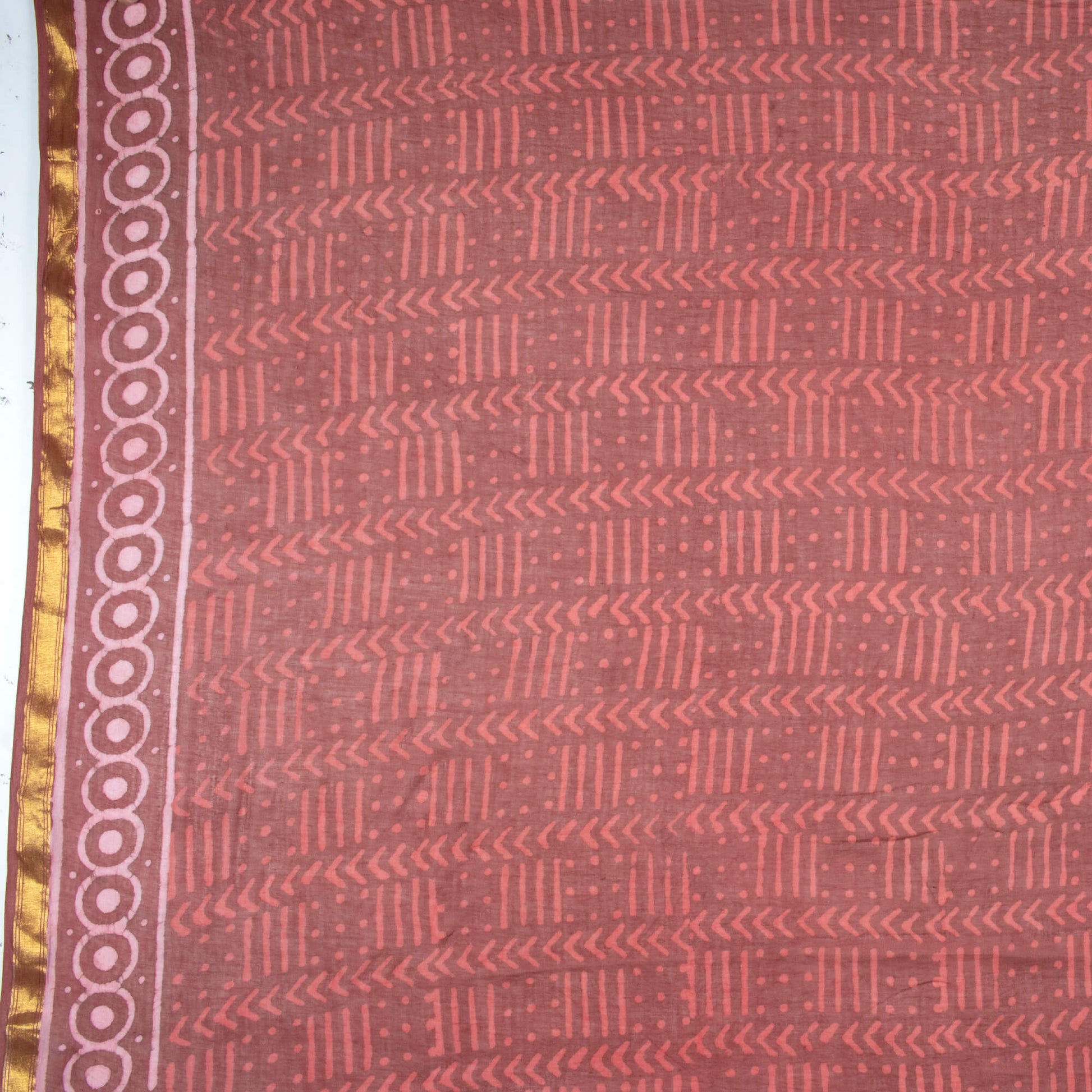 Maroon And Beige Leaf Pattern Kashish Handblock Zari Bordered Cotton Mulmul Saree With Blouse - Fabcurate