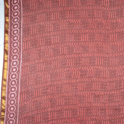 Maroon And Beige Leaf Pattern Kashish Handblock Zari Bordered Cotton Mulmul Saree With Blouse - Fabcurate